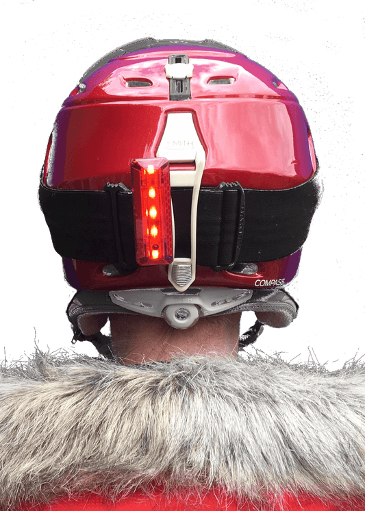 trixski LED Helmet Light on the back of a ski helmet