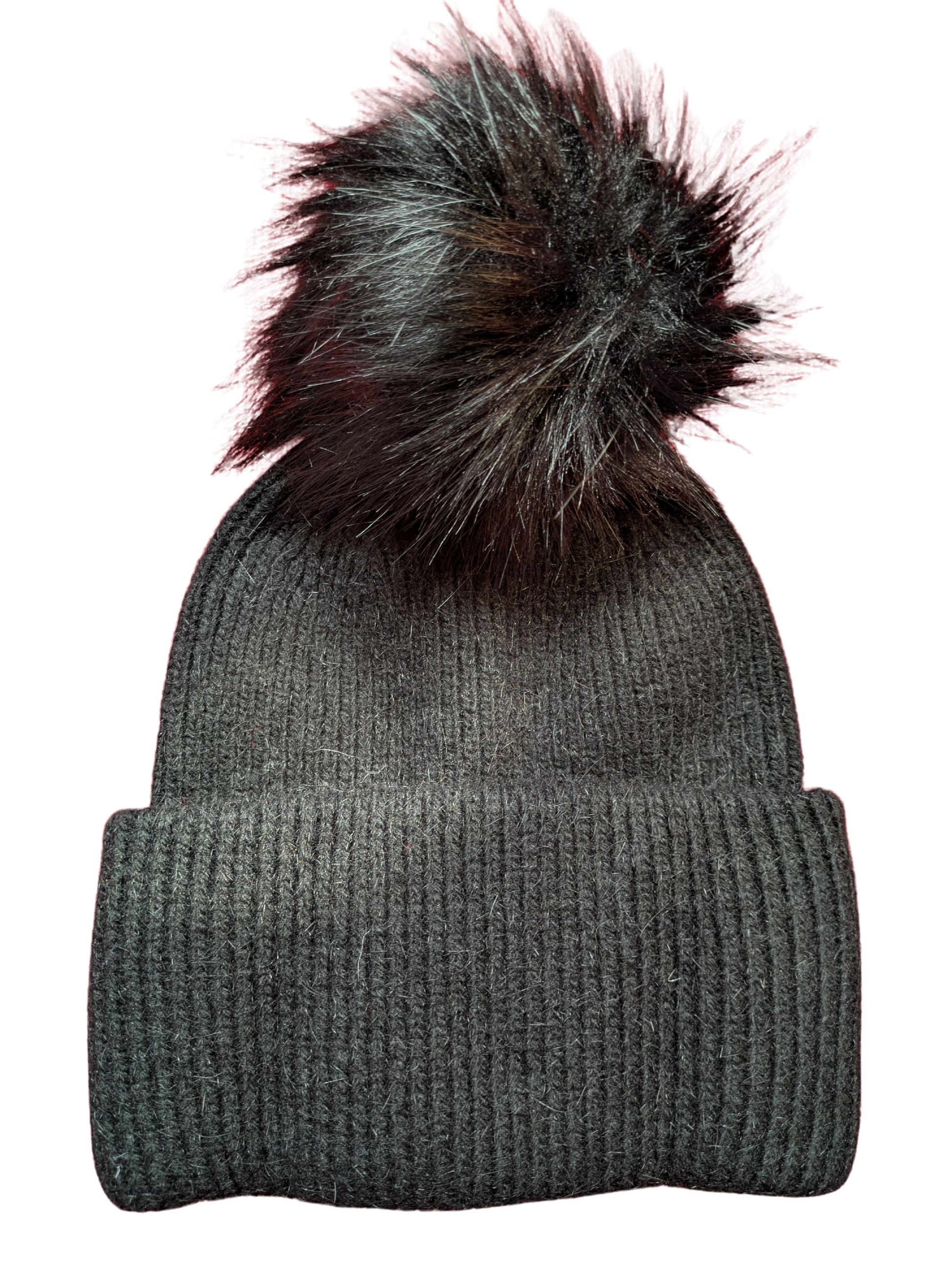 Black hat with black shiny faux fur pom pom