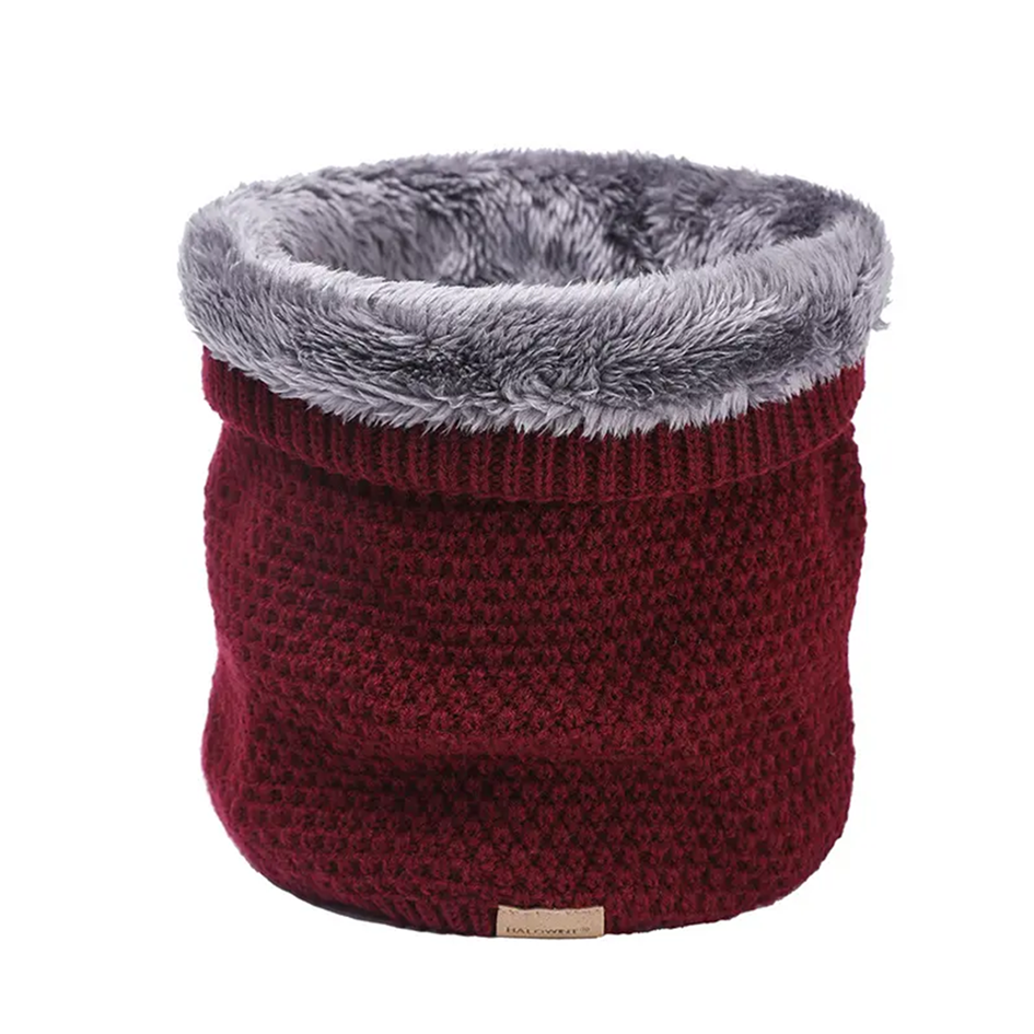Burgundy knitted neck warmer with grey fur fleece lining