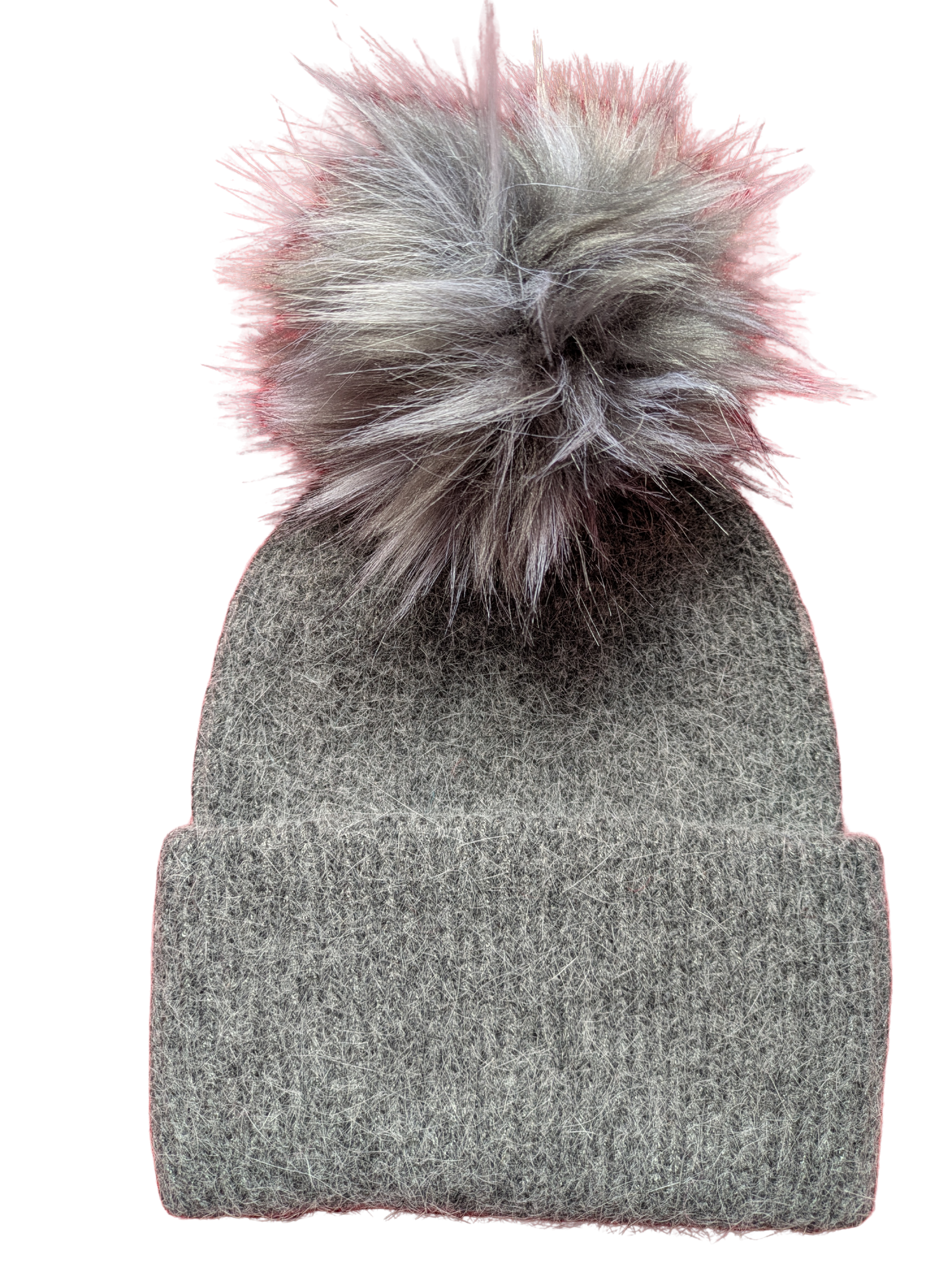 Showing dark grey hat  with dark/light grey varigated fur pom pom