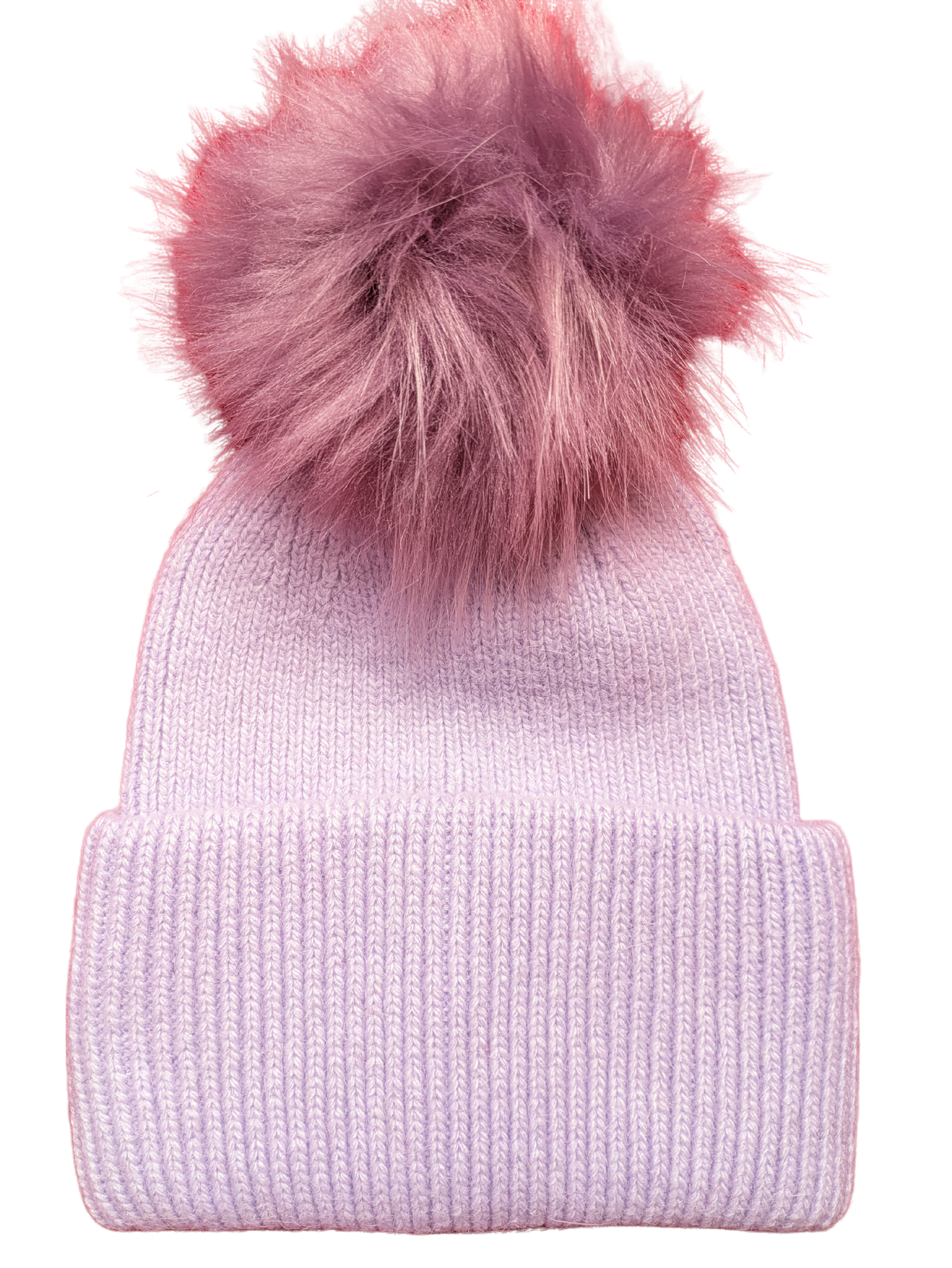 Lavender knitted hat with deep welt and puce faux fur pom pom