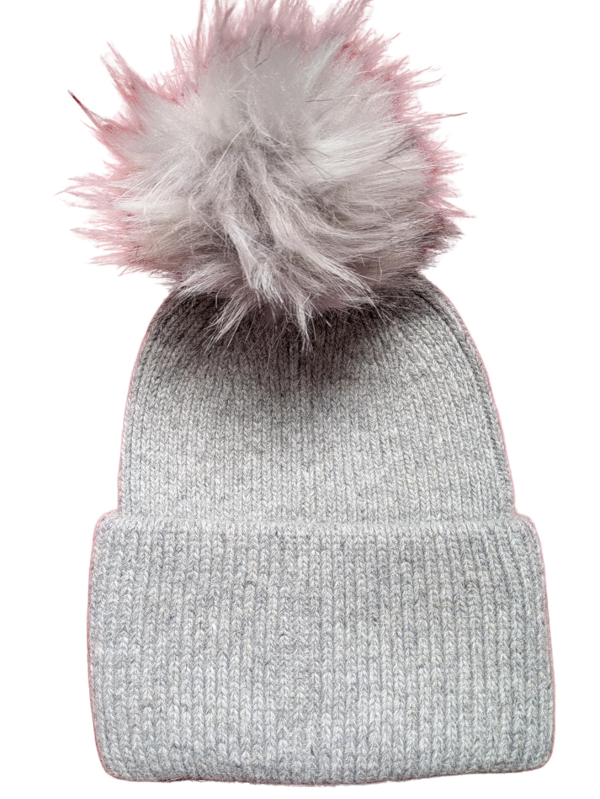 Light grey marled knitted hat, deep welt and light grey pom pom