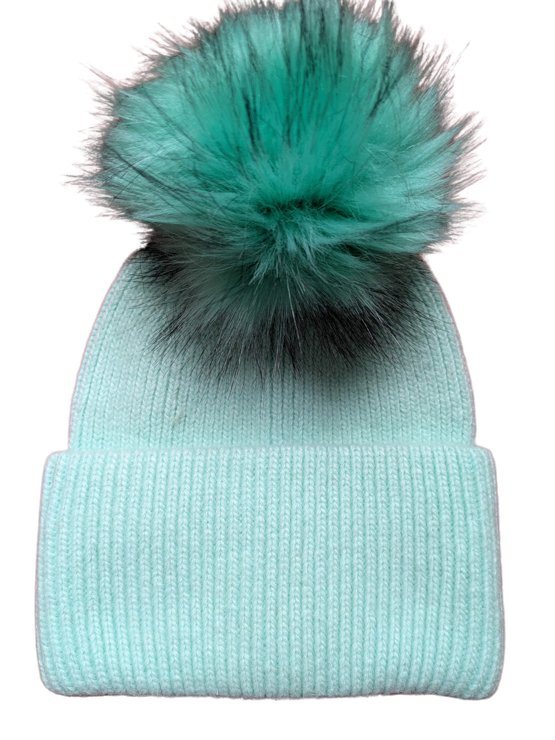 Showing Mint green hat  with dark mint/black tipped fur pom pom