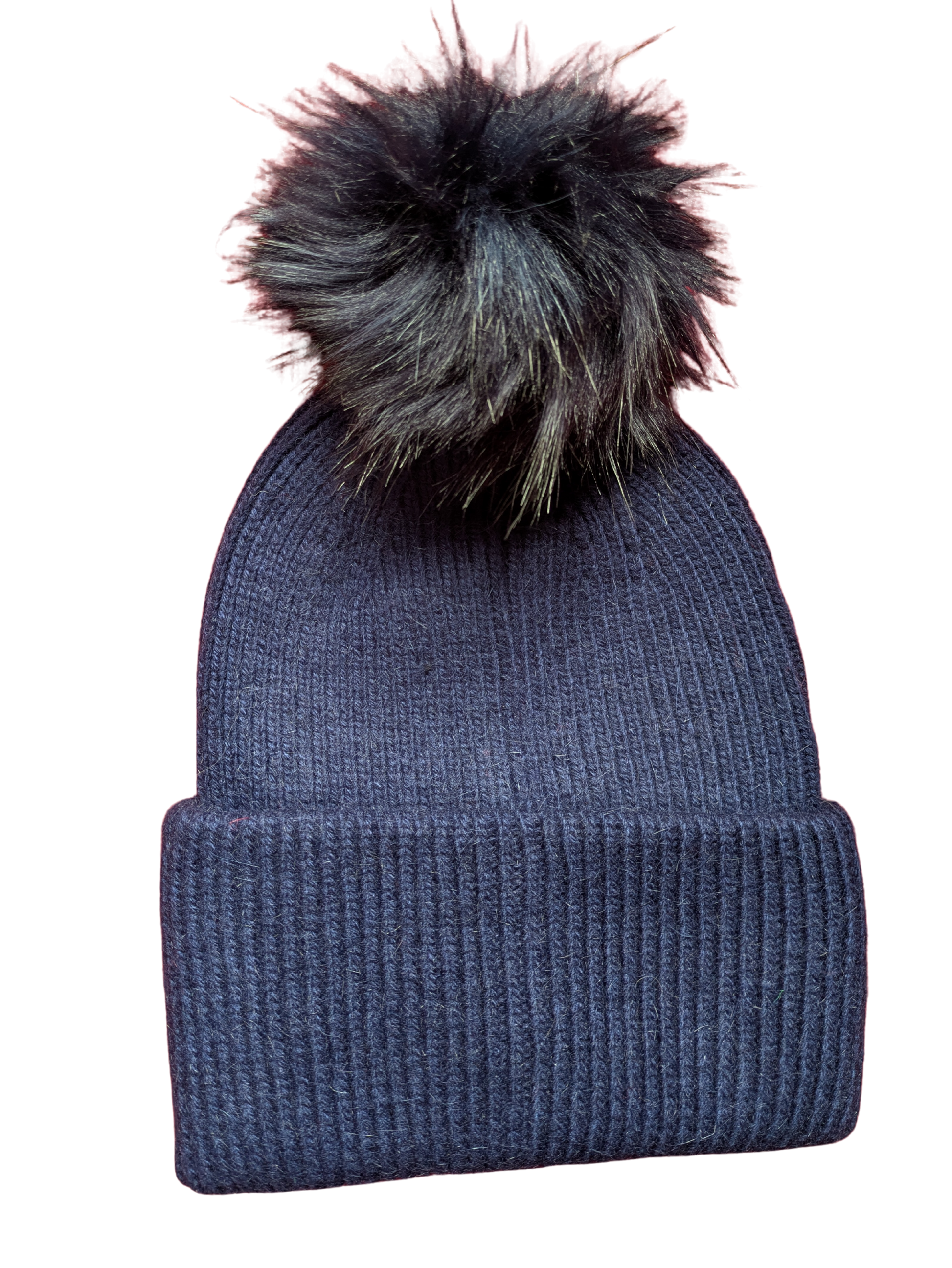 Navy knitted hat with deep welt and shiney navy pom pom