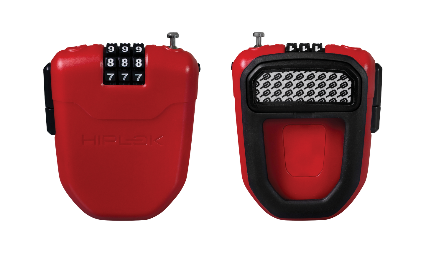 2 images showing front of red variant with 3 digit combination mechanism as well as back of the lock showing clip for attaching to a bag or garment