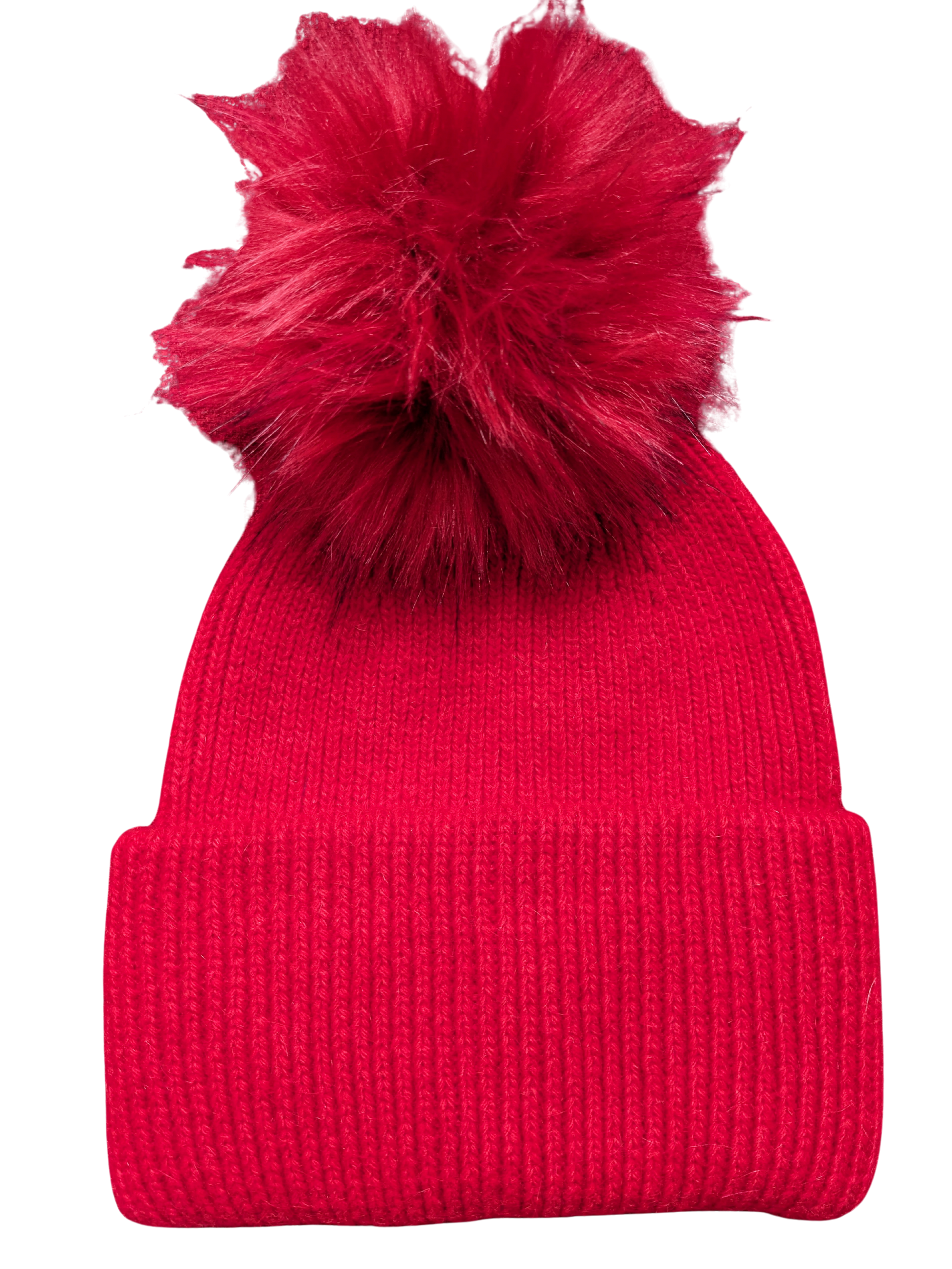 Bright red knitted hat with deep welt and bright red faux fur pom pom