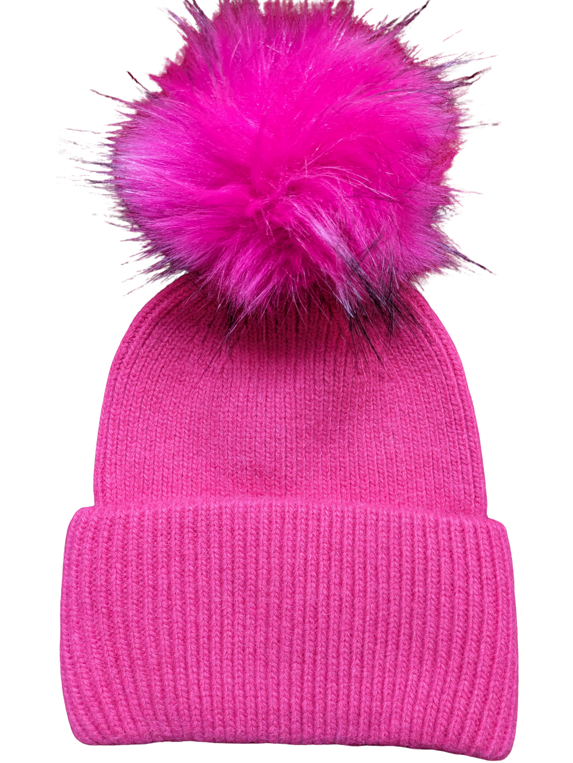 Deep rose knitted hat with deep welt and deep rose faux fur pom pom