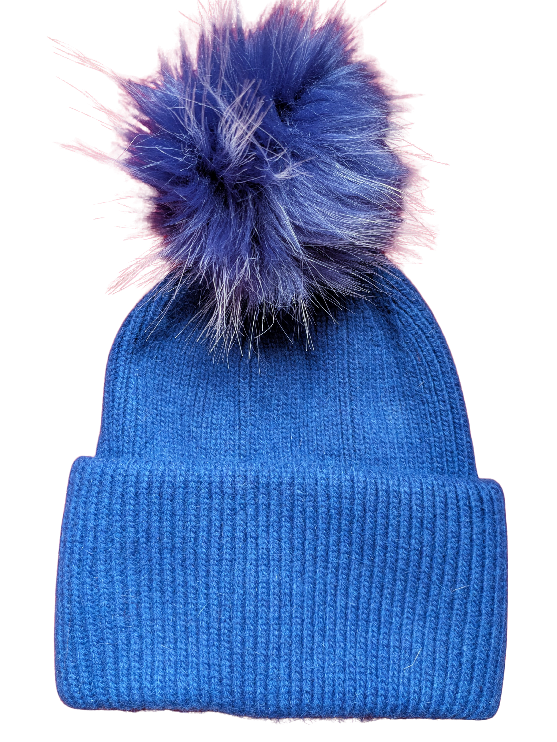 Royal blue knitted hat with deep welt and large royal blue pom pom