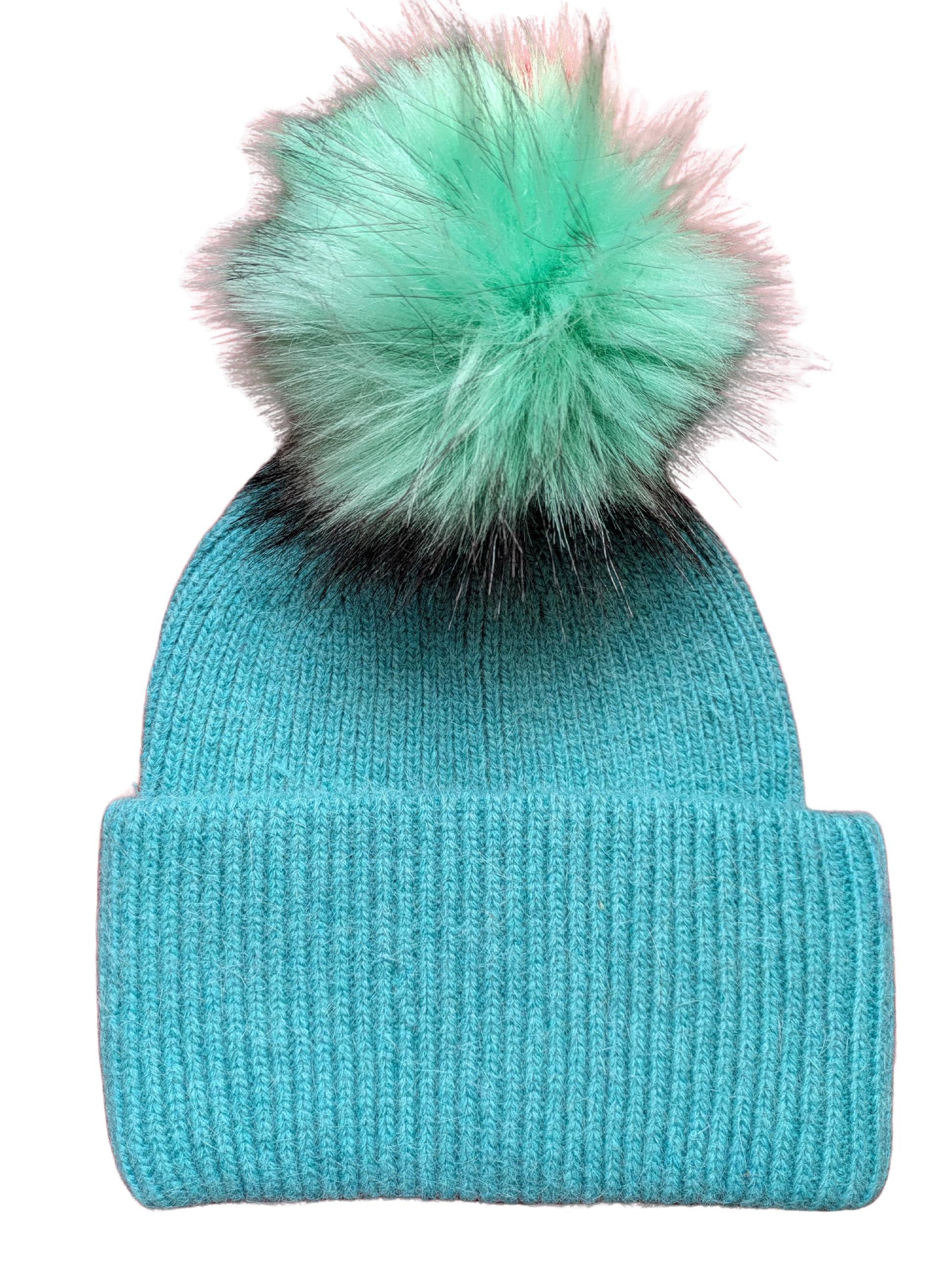 Teal knitted hat with deep welt and green/teal faux fur pom pom black tips