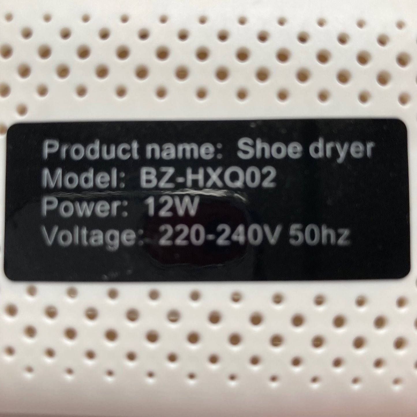 Electrical detail: Name - Shoe Dryer, Model - BZ-HXQ02, Power - 12watts, Voltage - 220-240 volts, 50Herz