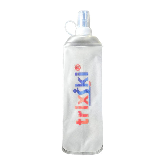 White silicone water bottle with trixski branding on a white background