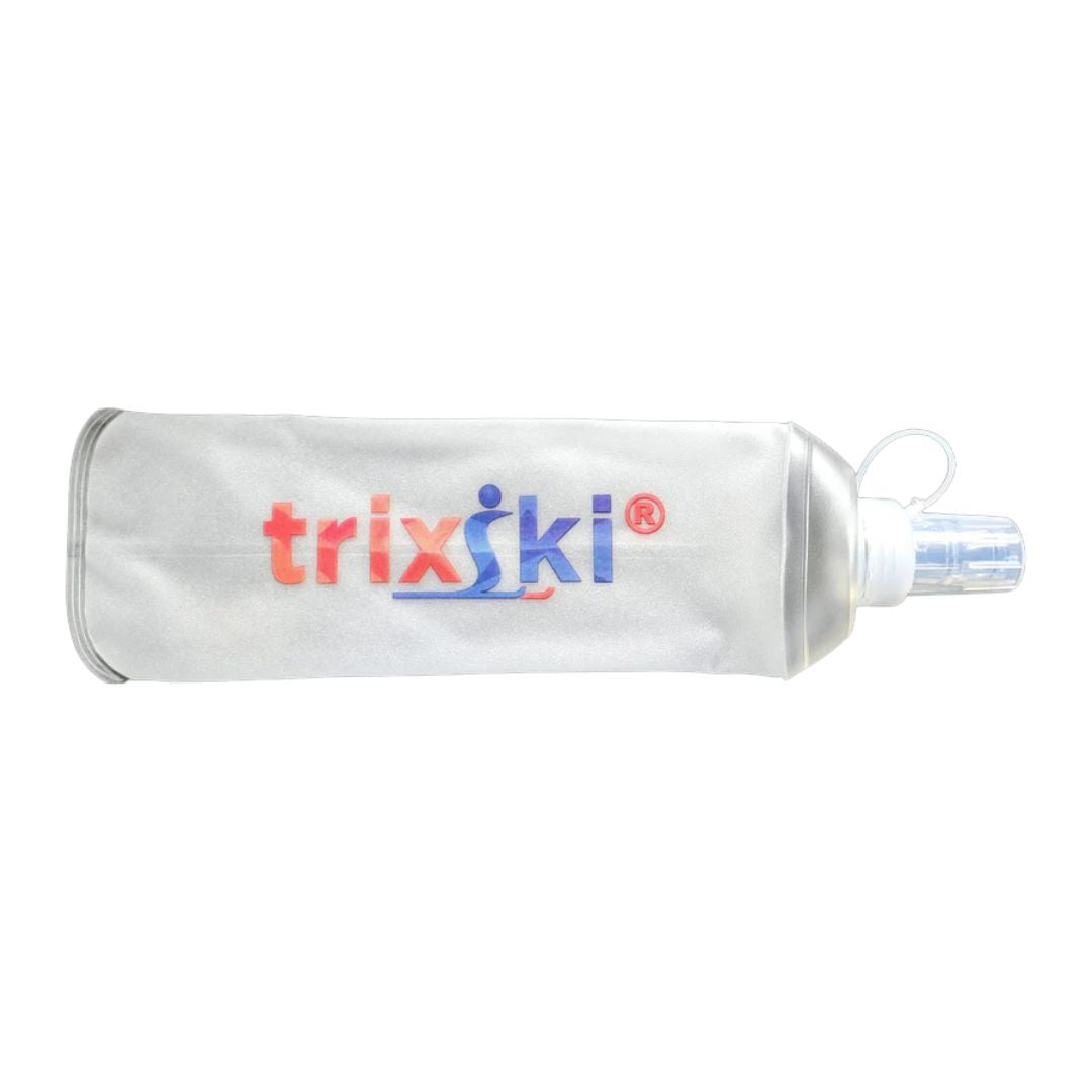 Silicone water bottle with trixiski logo on a white background