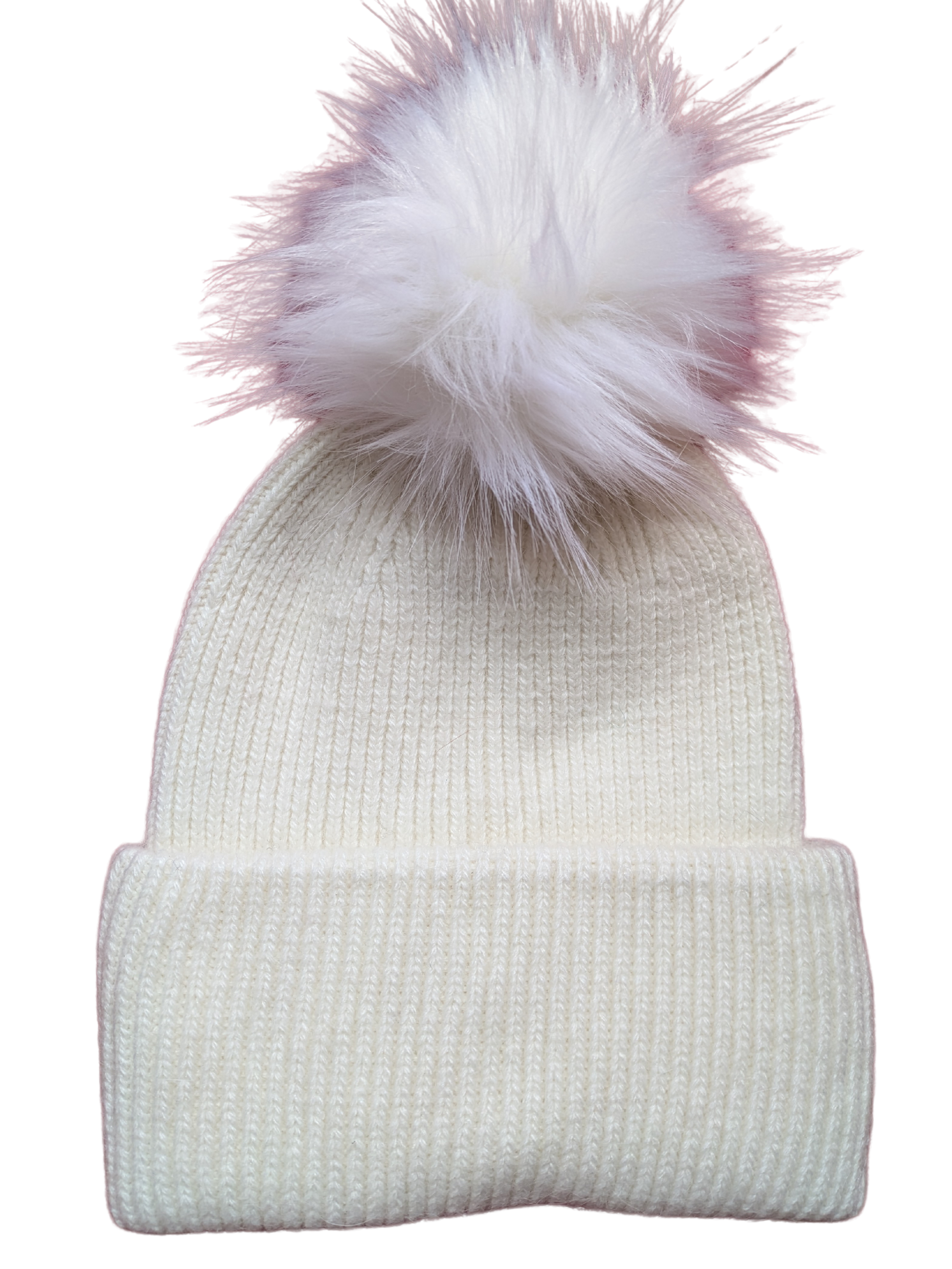 White knitted hat with deep welt and white fluffy faux furn pom pom