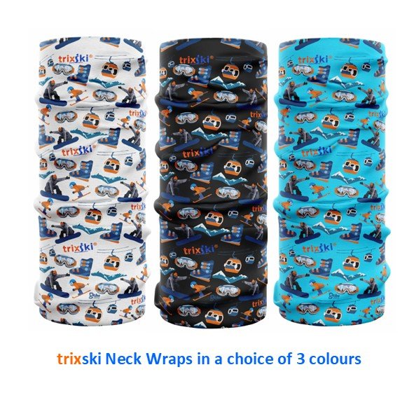Trio of trixski Neck Wraps showing white, black and turquoise options. Design features trixski logo and ski/board related images