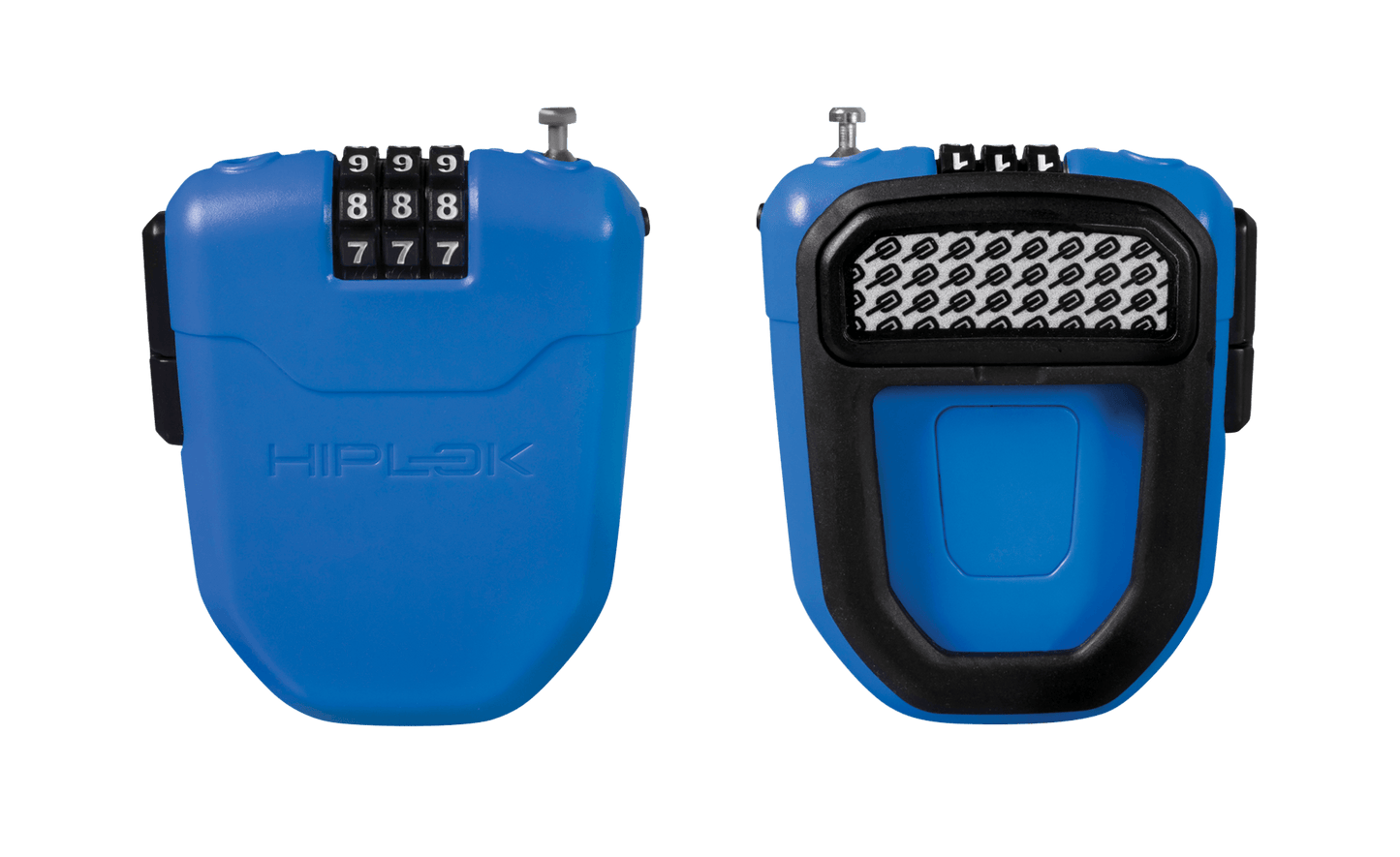 2 images showing front of cyan variant with 3 digit combination mechanism as well as back of the lock showing clip for attaching to a bag or garment