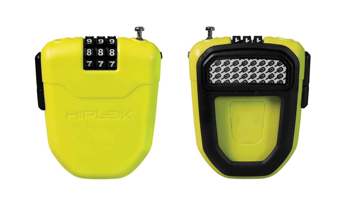 2 images showing front of lime variant with 3 digit combination mechanism as well as back of the lock showing clip for attaching to a bag or garment