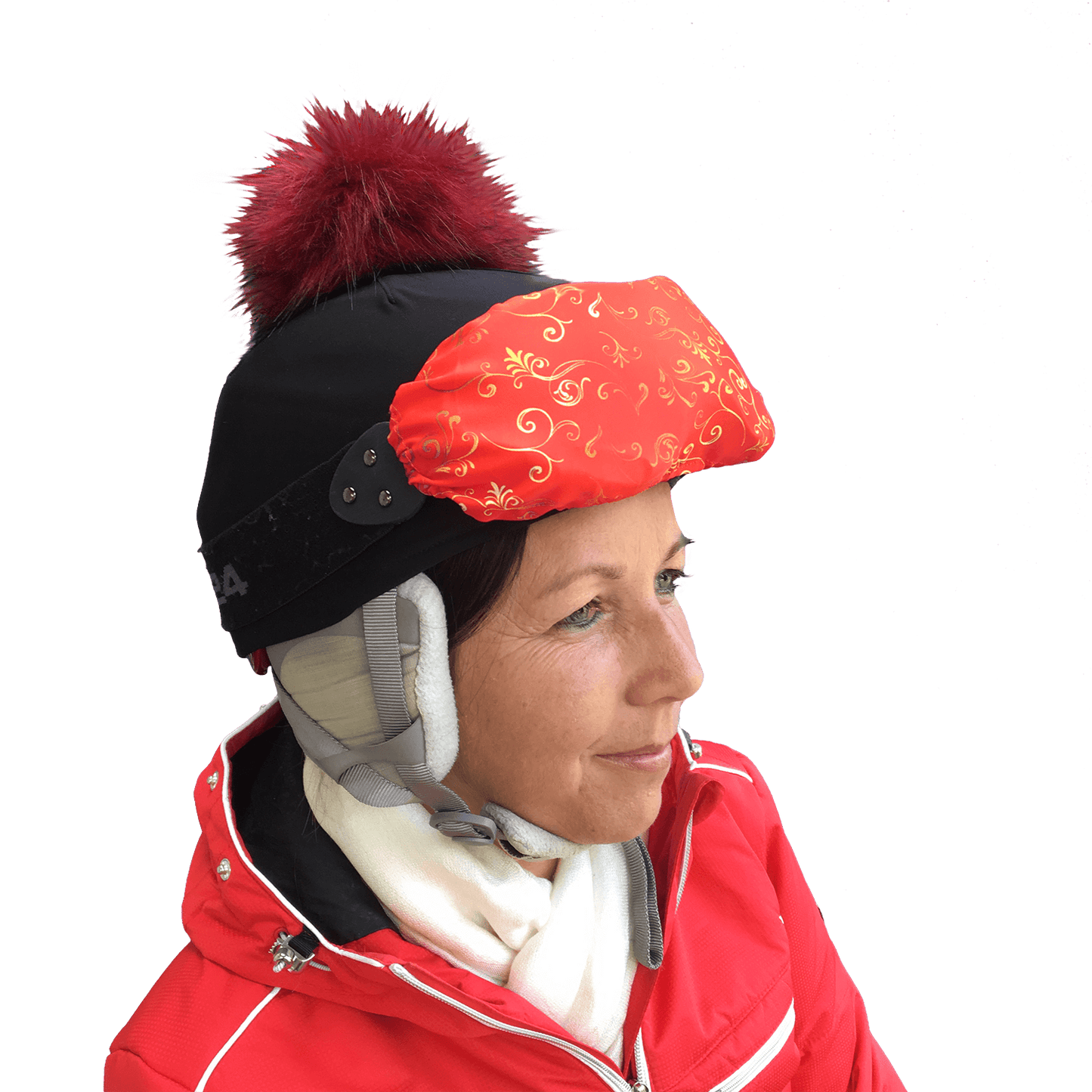 Close up of a GogShield in use on ski goggles on top of a ski helmet