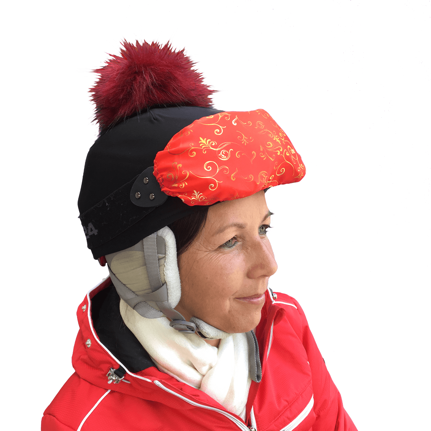 Close up of a GogShield in use on ski goggles on top of a ski helmet