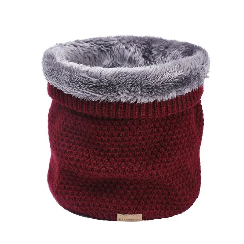 Wine Moss stitch knitted neck warmer with folded top showing grey fur fleece lining