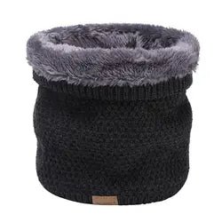 Dark grey Moss stitch knitted neck warmer with folded top showing grey fur fleece lining