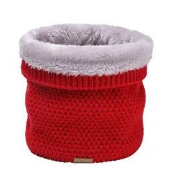 Red Moss stitch knitted neck warmer with folded top showing grey fur fleece lining