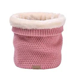 Pink Moss stitch knitted neck warmer with folded top showing cream fur fleece lining