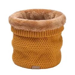 Gold Moss stitch knitted neck warmer with folded top showing gold fur fleece lining