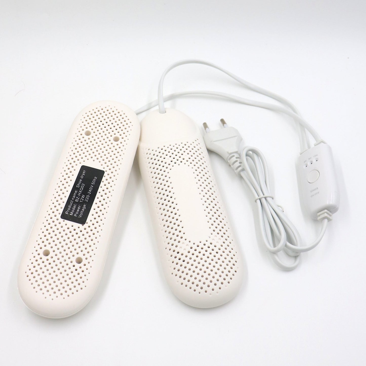 White boot drier showing timer, EU plug, cable and electrical data label