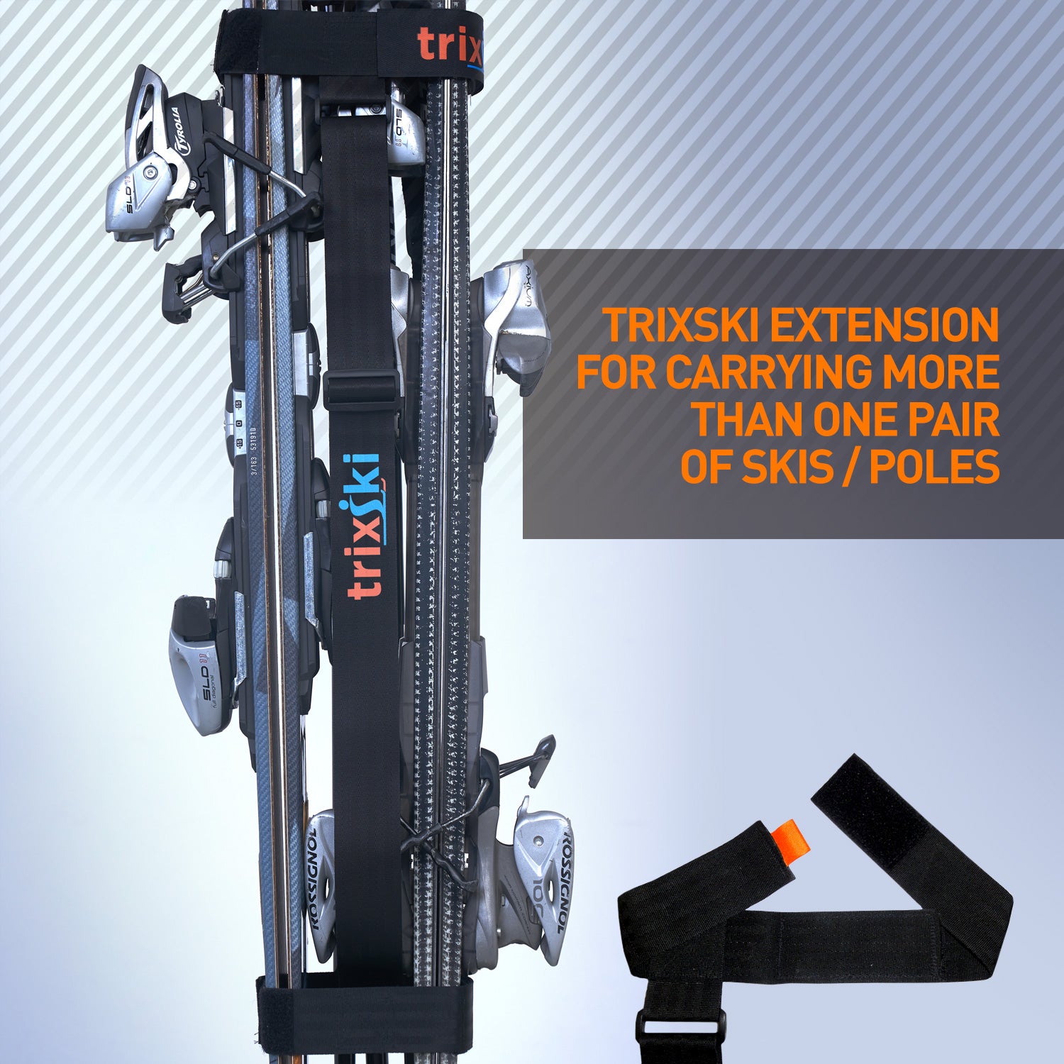 trixski Ski Carrier + Extension Kit fitted to show how to carry two pairs of skis together
