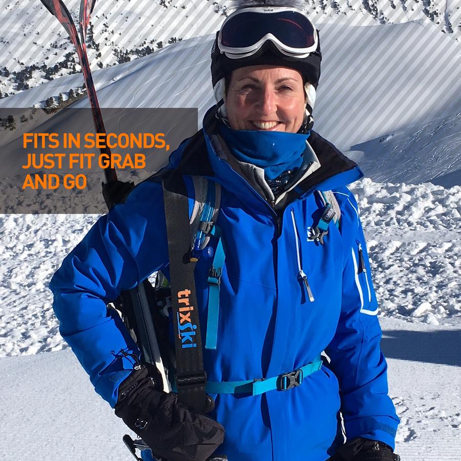 Black trixski Ski Carrier strap shown in use for carrying downhill skis