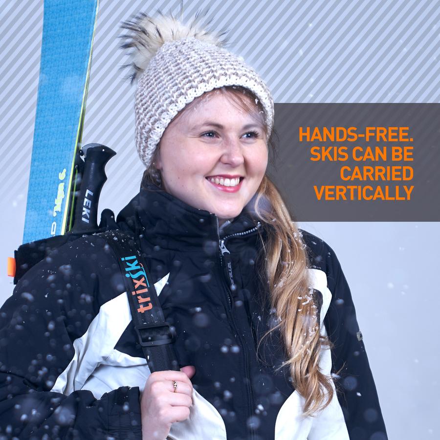 trixski Ski Carrier showing that the user has hands free and the skis are down her back