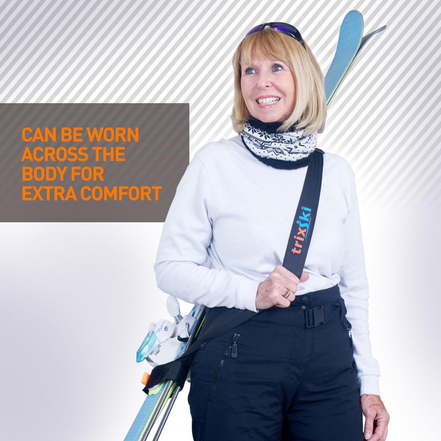 Black trixski Ski Carrier being worn diagonally across the body with the skis down the back