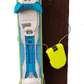 Vertical post with lime combination lock holding skis securely to the post via retractable wire
