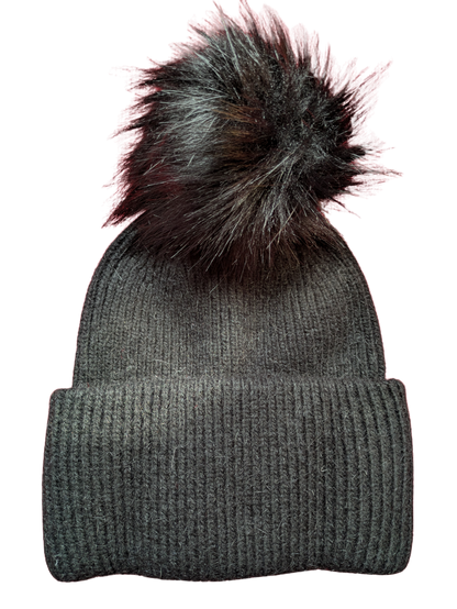Black hat with black shiny faux fur pom pom