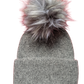 Showing dark grey hat  with dark/light grey varigated fur pom pom