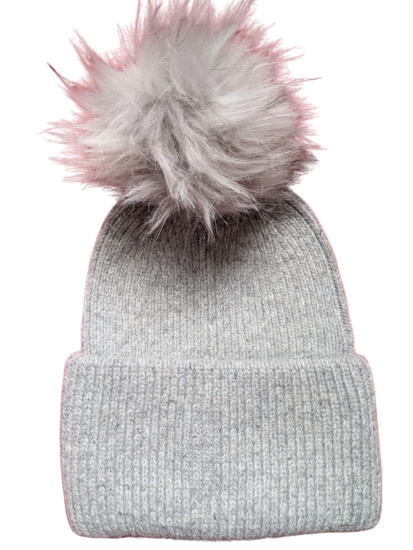 Light grey marled knitted hat, deep welt and light grey pom pom