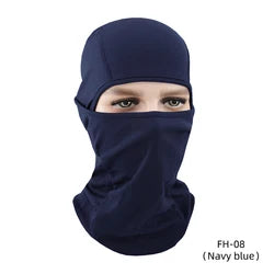 Image of navy balaclava being used to cover the forehead, nose, face and neck down to collar bones.