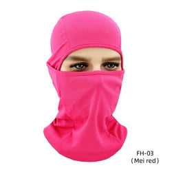 Image of pink balaclava being used to cover the forehead, nose, face and neck down to collar bones.