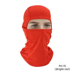 Image of red balaclava being fully used to cover the forehead, nose, face and neck down to collar bones.