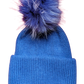 Royal blue knitted hat with deep welt and large royal blue pom pom