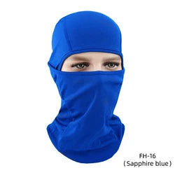 Image of sapphire balaclava being used to cover the forehead, nose, face and neck down to collar bones.