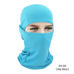 Image of turquoise balaclava being used to cover the forehead, nose, face and neck down to collar bones.