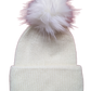 White knitted hat with deep welt and white fluffy faux furn pom pom