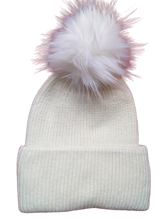 White knitted hat with deep welt and white fluffy faux furn pom pom