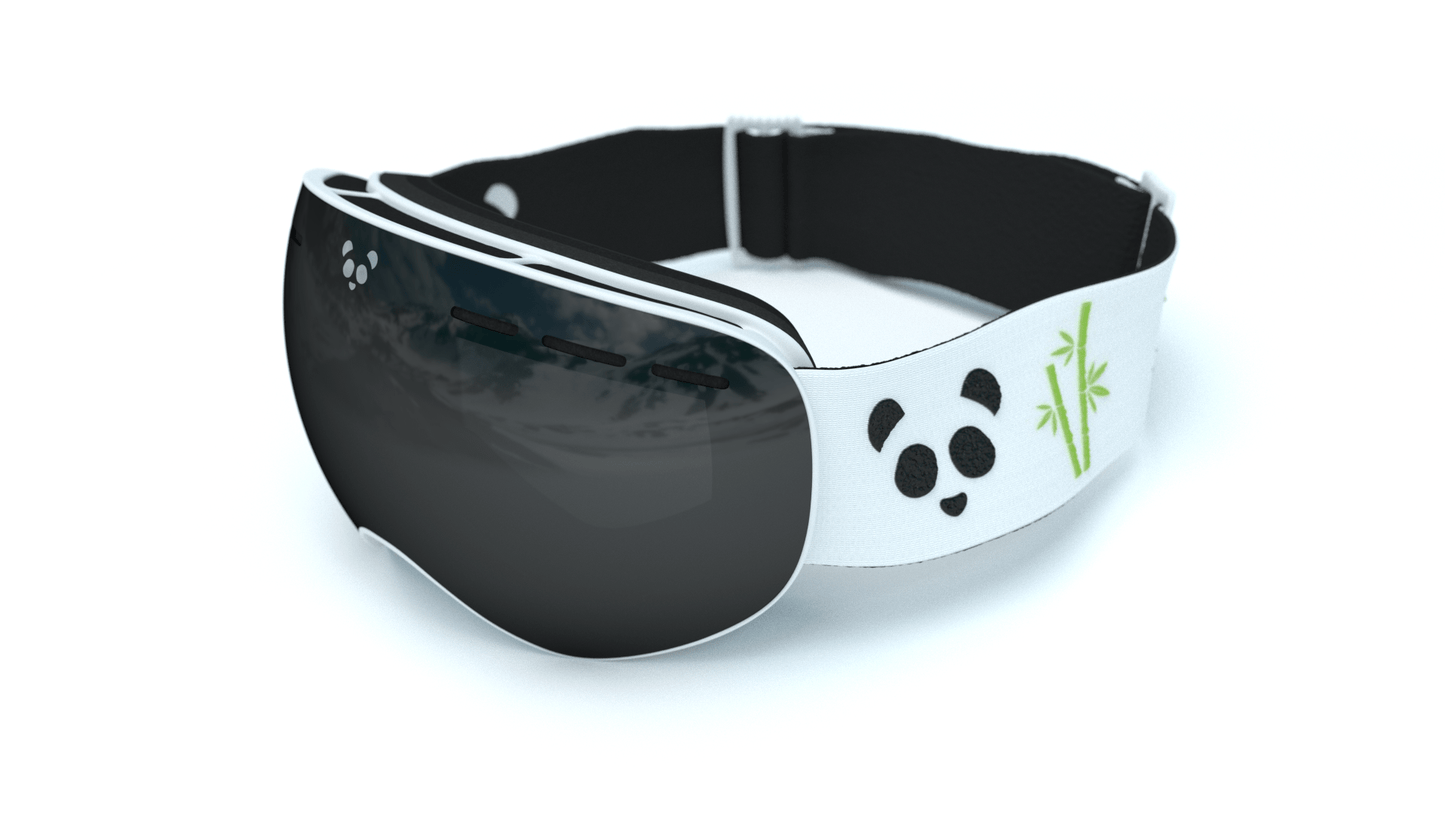 Children's goggles featuring dark grey fixed lens and white strap