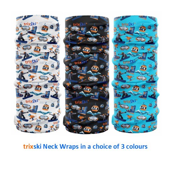 Trio of trixski Neck Wraps showing white, black and turquoise options.  Design features trixski logo and ski/board related images