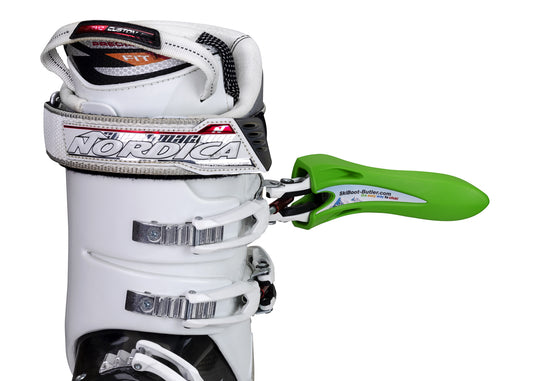 Green option of ski boot buckle lever in use on a boot clip