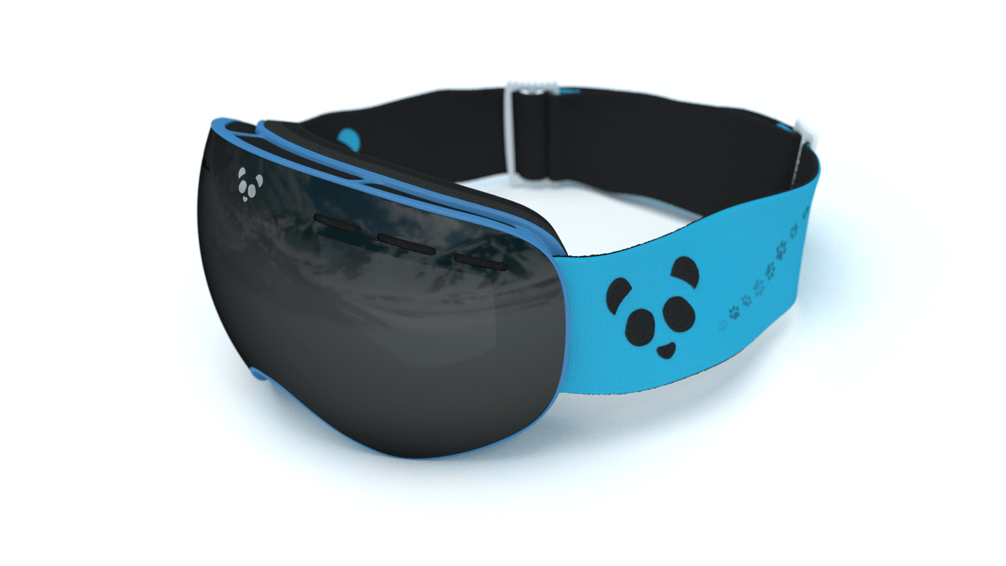 Children's goggles featuring dark grey fixed lens and blue strap