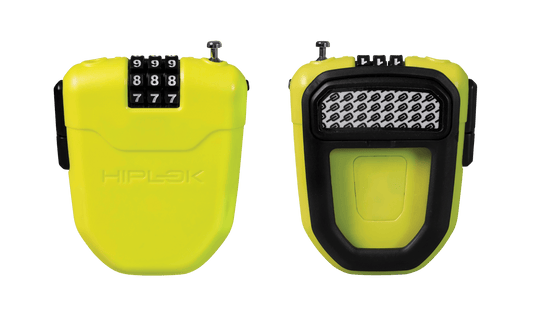 2 images showing front of lime variant with 3 digit combination mechanism as well as back of the lock showing clip for attaching to a bag or garment