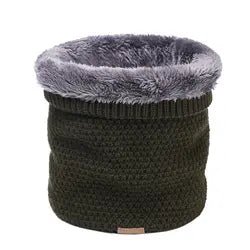 Olive  Moss stitch knitted neck warmer with folded top showing grey fur fleece lining